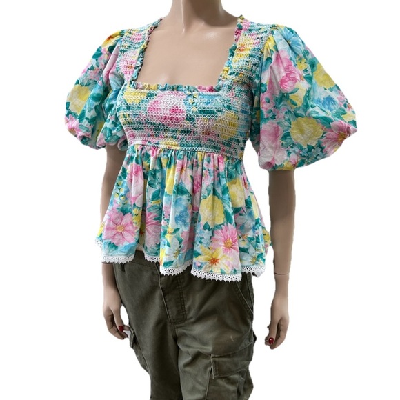 hemant nandita FLORAL  Top Puff Sleeve Blouse - Picture 1 of 16